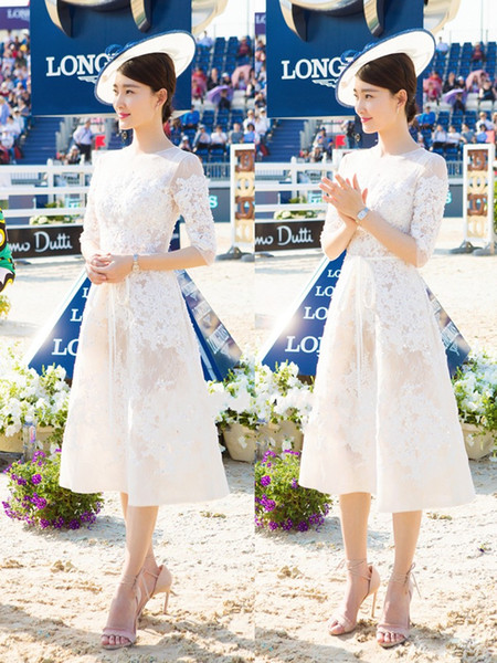 Latest /New style Fashion A-line Knee length short-sleeved White Ivory Applique Homecoming Dresses lace Beaded Graduation Dresses