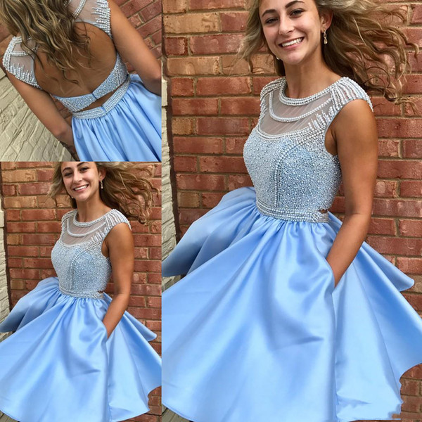 Luxury Pearl Beaded Light Sky Blue Homecoming Dresses with Pocket prom dresses Sweet 16 Short A-Line Backless Short Graduation dress