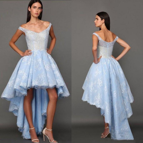 2017 High Low Sky Blue Prom Dresses Off Shoulders Backless Lace Aso Ebi Graduation Dresses Arabic Style Party Homecoming Gowns