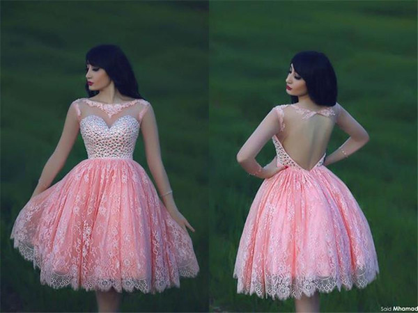 Pink Short Lace Graduation Dresses A Line Scoop Sheer Rhinestone beaded Knee Length Vintage Lace Formal Homecoming Party Dresses