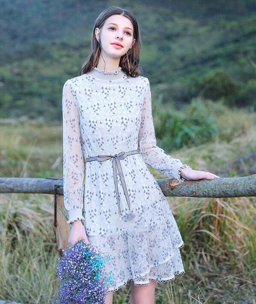 2019 spring new women petticoat hollow stand collar ruffled lace dress graduation dress elegant sweet temperament