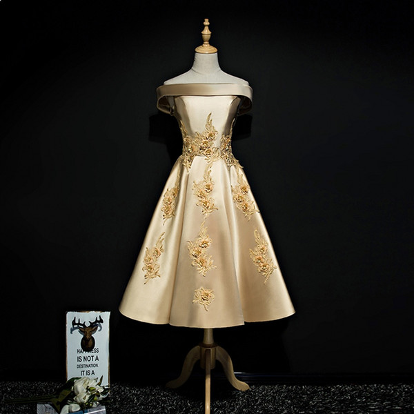 Discount Off the Shoulder Gold Graduation Dresses Tea Length Satin Applique Lace Cheap Prom Dress Sexy Homecoming Dresses Party Gowns 