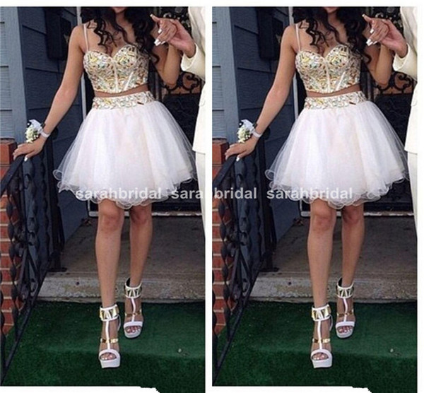 Top Selling Two Pieces Homecoming Dresses Sexy A Line Spaghetti Gold Rhinestone Pleats Short White Skirt Tulle Formal Graduation Gowns