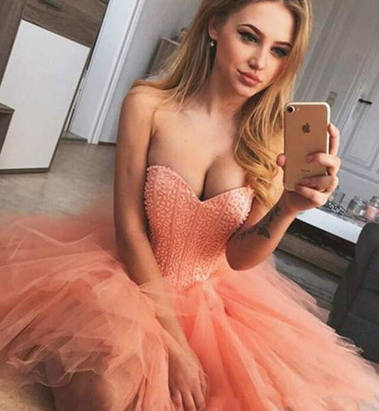Tutu Skirt Graduation Dresses Coral Beading Boning Bodic Short Homecoming Dresses Strapless Tulle Short Prom Gowns