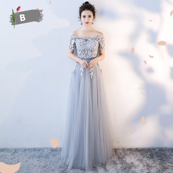 Bateau Sexy Gray/Pink/Champagne Embroidery illusion A line lace up hollow evening party prom graduation dress ankle length maid of honor