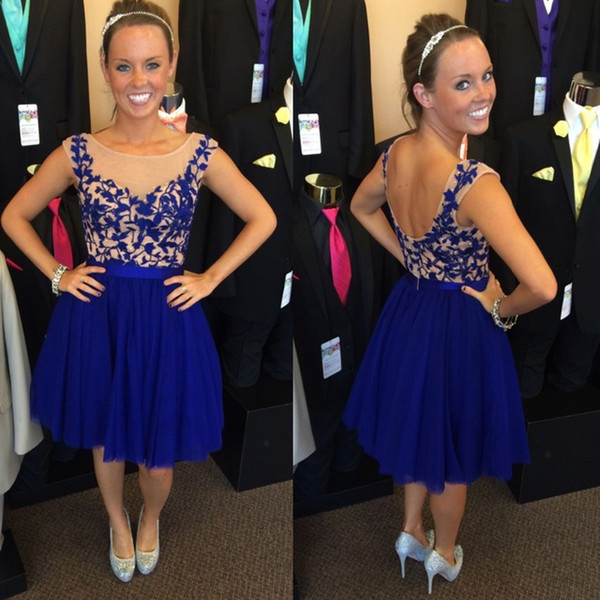 Royal Blue Sheer Jewel Neck Homecoming Dresses Little Chiffon Backless Mini Short Graduation Gowns for 8th Grade Juniors Prom Party Dresses