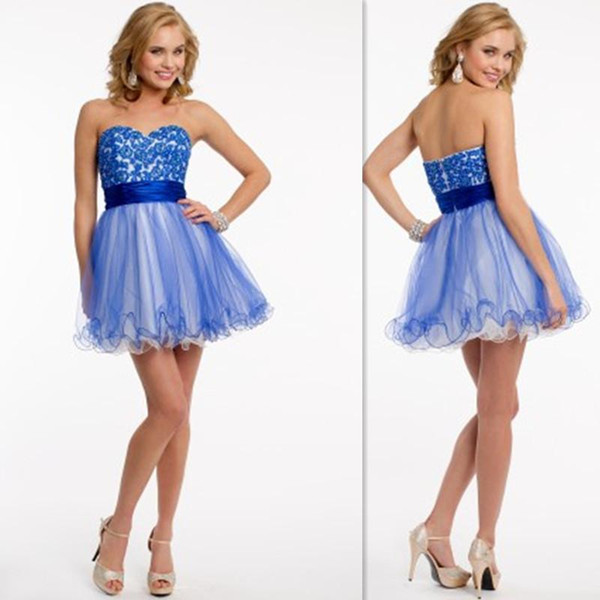 Camillelavie Graduation Dresses 2015 Short Blue Tulle Applique Beads Sweetheart A-line Backless Homecoming Party Prom Gowns
