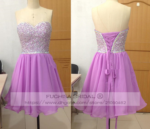 Sleeveless Short Lilac Chiffon Graduation Dress with Crystals Knee Length Beaded Party Dress with Corset Back