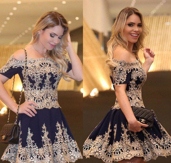 Little Sweet 16 Homecoming Dresses Off Shoulder Gold Lace Short Graduation Prom Dress Vestido Formatura Curto Arabic Evening Skirt