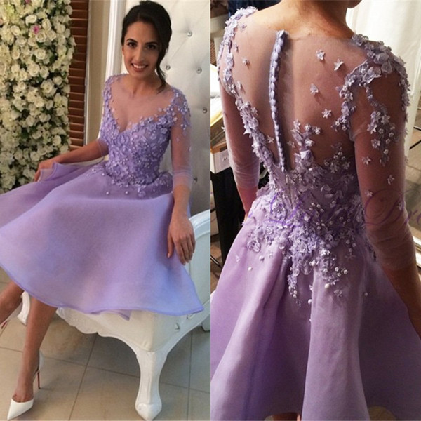 New Arrival Sexy Short Homecoimng Dresses Hand Made Flowers Three Quarter Sleeves Junior Graduation Party Dresses with Buttons Back