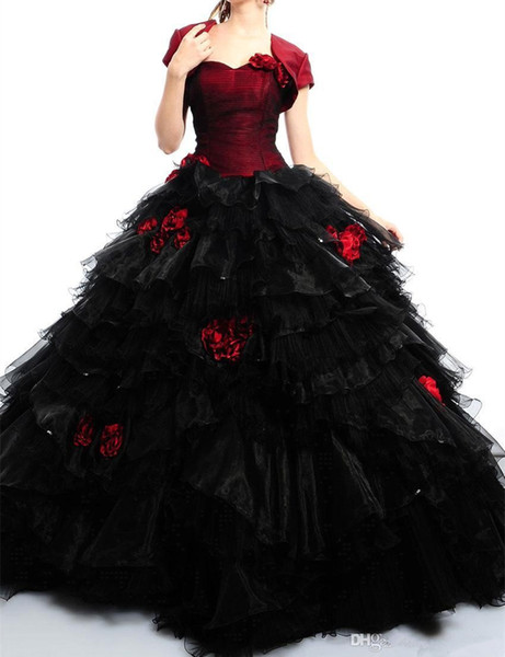 New Red and Black Quinceanera Dresses Matched Jackets Hot Sales Handmade Flower Sweetheart Tulle Organza Ball Gown Graduation Gowns Q100
