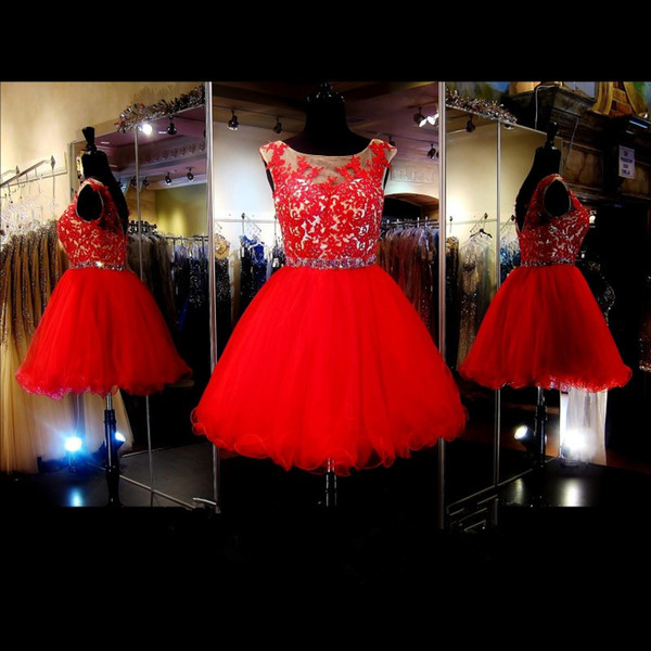 2017 Ball Gown Red Graduation Dresses Tulle Puffy Short Mini Sheer Appliqued Lace With Sash Homecoming Party Gowns For Girls