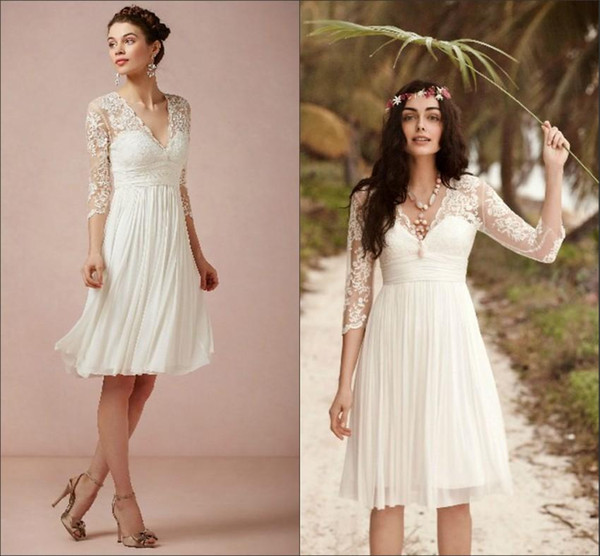 Sexy Bohemia Party Dresses Lace 3/4 Long Sleeve Knee Length Graduation Dresses V Neck Chiffon Bridal Gowns Party Dresses