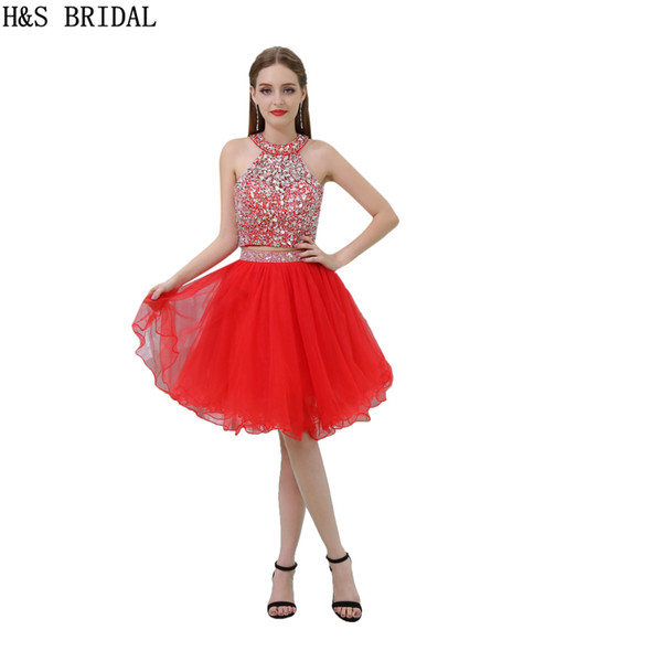 New Arrival Real Photos Red Sequins Beaded Two Pieces Graduation Dresses Girls Party Prom Dresses Cheap B031