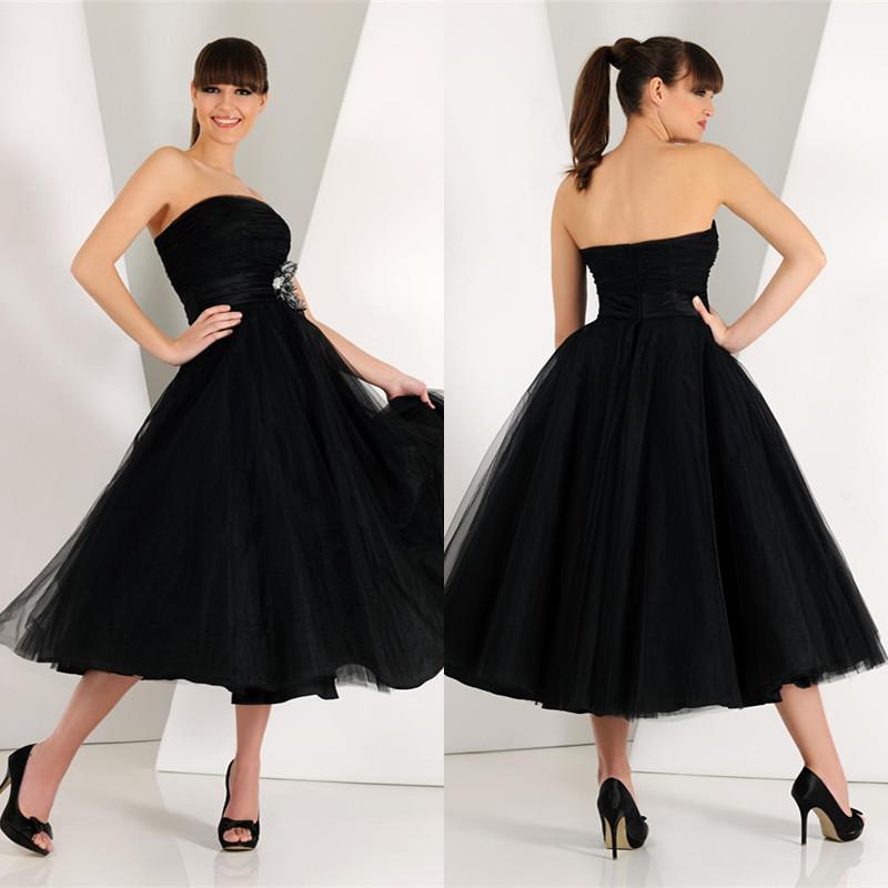 2014 Little Black Prom Formal Dresses Strapless Bridesmaid Gown Soft Tulle Net Tea Length Cocktail Party Dresses Plus size Homecoming Dress