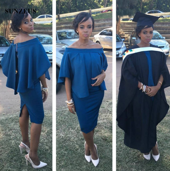 Sheath Boat Neck Off Shoulder Knee Length Graduation Dress With Cape African Black Girls Navy Blue Party Gowns Prom Dress