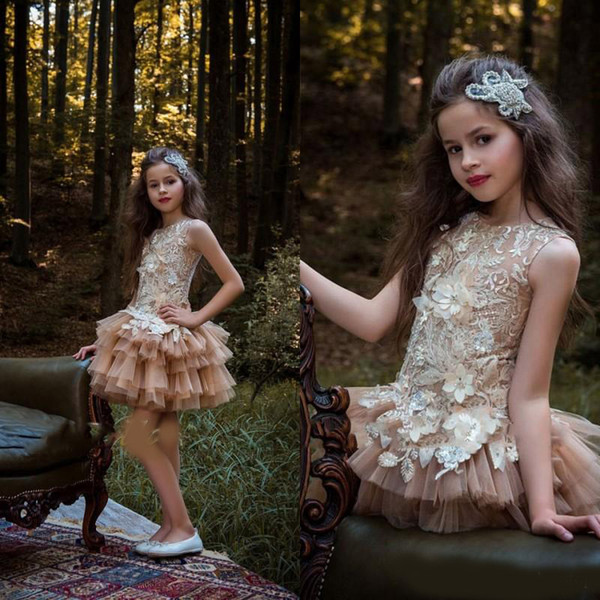 Champagne Girls graduation Dresses With Jewel Neck Sleeveless Ruffles Skirt Backless mini flower girl dresses for weddings .