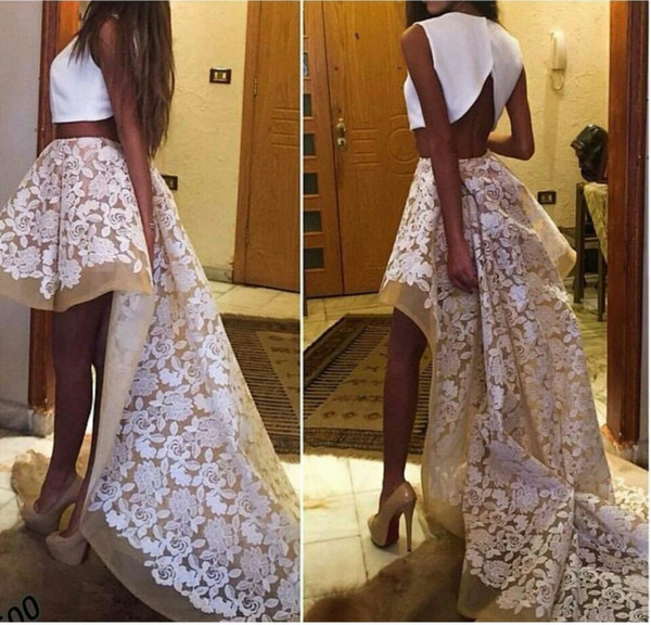 2016 Two pieces Prom Dresses Hi-Lo Lace Skirt of Ogenza Art Designer Sexy Back with Train Graduation Gowns