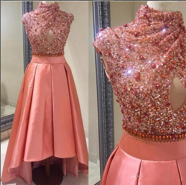 2017 sex high neck Watermelon Short graduation Dresses Sequins Crystal satin A Line Hi-Lo Custom Made prom Dresses