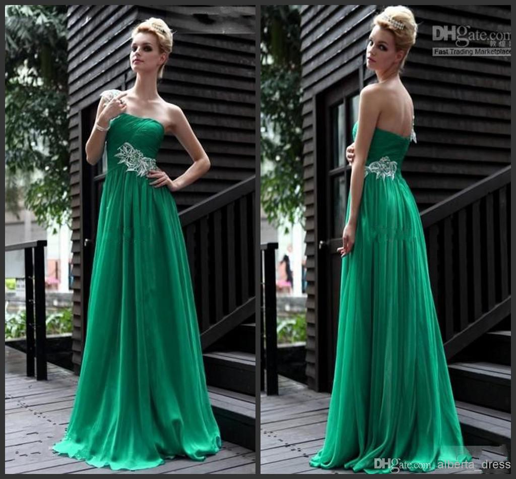 2014 applique green chiffon floor length A-line graduation dresses sleeveless modern ruffle one shoulder zipper sequins beading beads