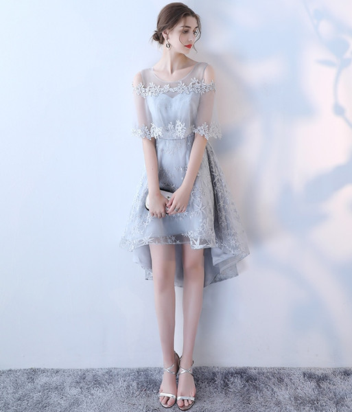 Elegant Silver High Low Graduation Dresses 2018 Cheap Applique Lace With Shawl Prom Dresses Sexy Party Gowns Homecoming Dress Custom Made