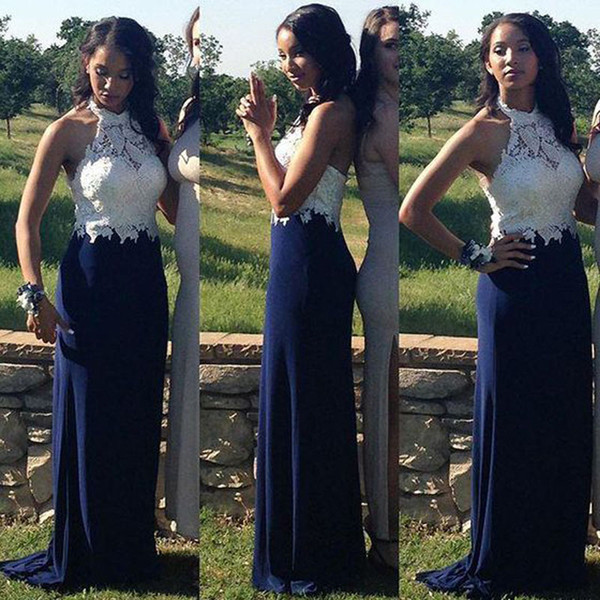 2016 Amazing Graduation Dresses Royal Blue Long Halter Neck Sleeveless Lace Top Cheap High Quality Prom Gowns Formal Homecoming Dress