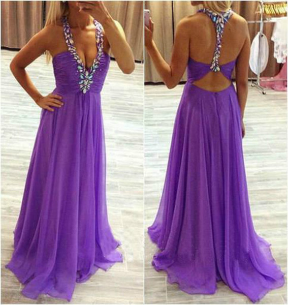 Long Purple Graduation Dresses 2016 Sexy Deep V Neck Halter Crystal Beaded Open Back Prom Gowns Chiffon Long Party Dress For Girls