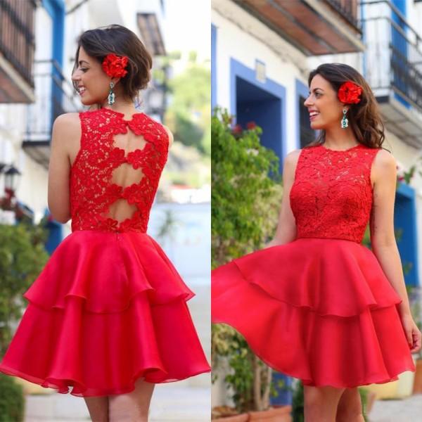 New Graduation Dresses 2016 Red Short Prom Homecoming Party Gown Sheer Jewel Neck Sleeveless Lace Top See Through Hollow Back Tiered Skirt