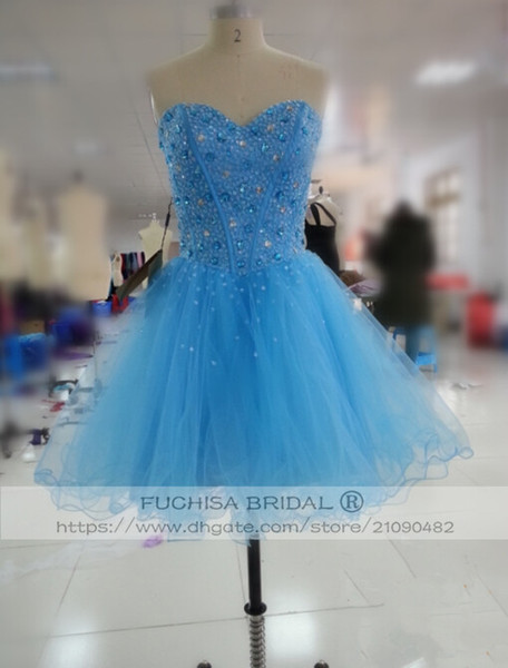 Sleeveless Short Blue Graduation Dress with Beads Corset Back Knee Length Party Dress