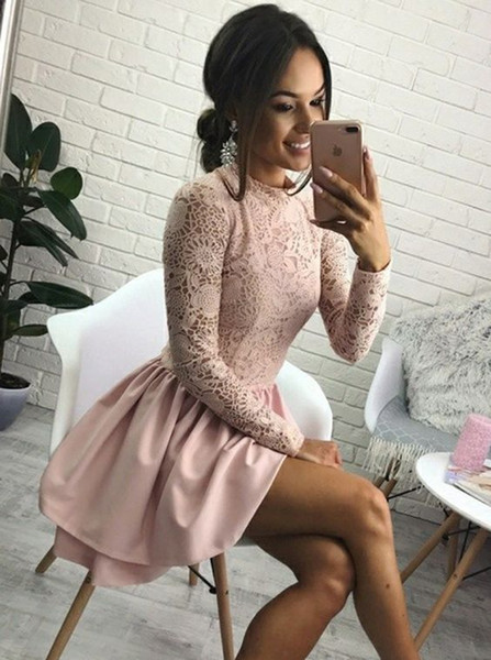 Blush Long Sleeves Graduation Party Dresses Satin A line Jewel Lace Pleated Layers Short Prom Homecoming Cocktail Dress Cheap