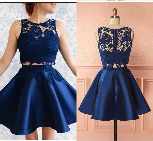 Navy Blue Lace Graduation Short Prom Dresses 2 Pieces Sheer Neckline Hollow Back A-line Satin Homecoming Dress Party Cocktail Gowns