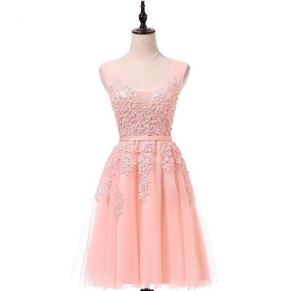 Lace Tulle Prom Dresses Short V Neck Lace-up Bridesmaid Homecoming Gown Special Occasion Graduation Modern New