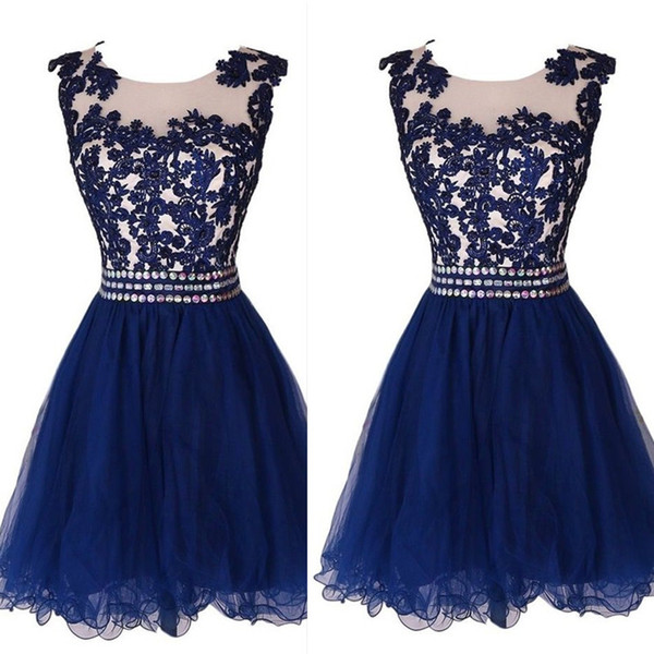 Royal Blue Short Graduation Dresses Tulle Appliques Lace A-line Sheer Homecoming Party Gowns For Girls Real Samples 2017