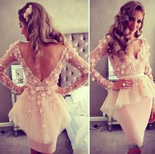 2017 sexy deep v-neck Backless Long Sleeves graduation dress sheath knee -length Prom Dresses hand flower plum Short Cocktail Dresses