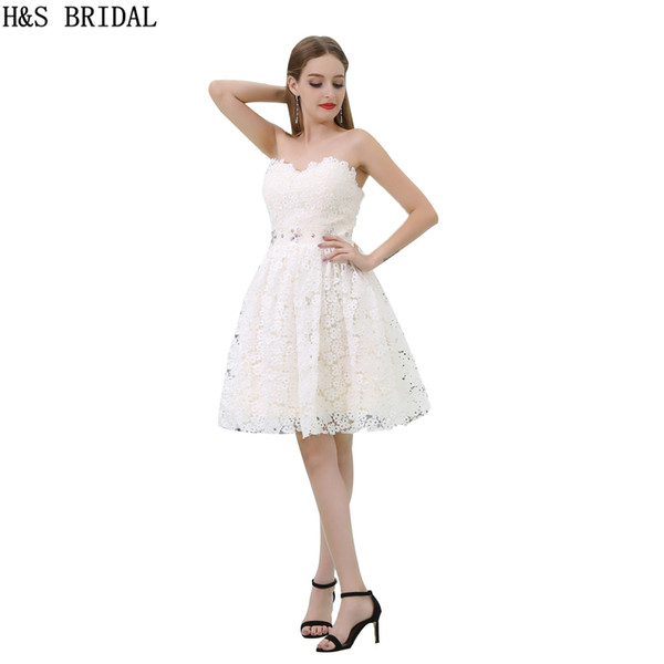 Fashion Short Graduation Dresses Girls Lace Cream Color Sweetheart Party Prom Dresses Shinny Beaded Gown B033