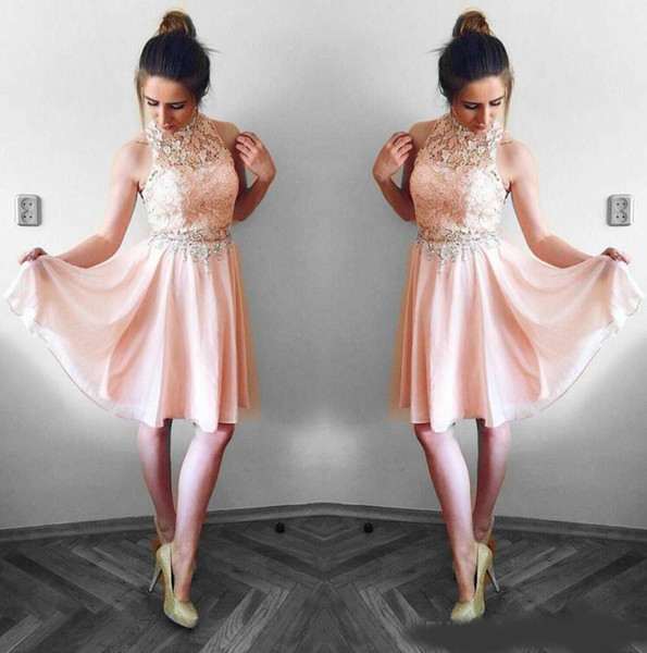 Lovely Blush Pink [prom Dresses A Line Halter Neck Lace Top Chiffon Mini Short Cocktail Dress Party Gowns Graduation Dress