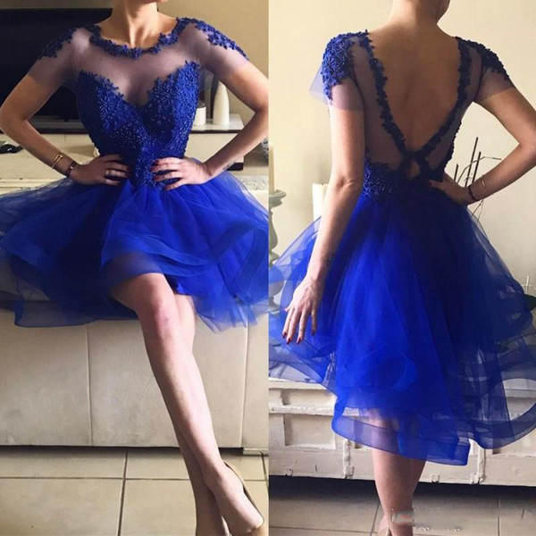 Short Homecoming Dresses Beaded Jewel Neck Short Sleeves Backless Graduation Dress Tiered A Line Mini Prom Gowns Party Dress