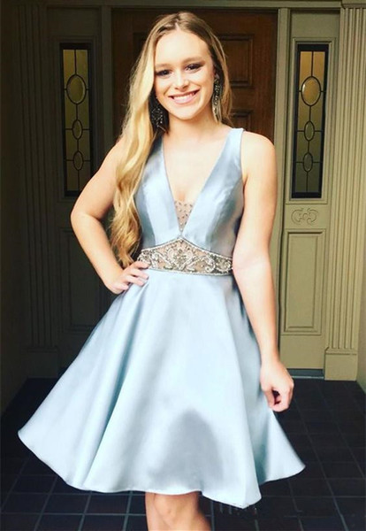 Sexy Beaded Criss Cross Back Cocktail Party Gowns with Sash V Neck Satin Short Homecoming Graduation Dresses
