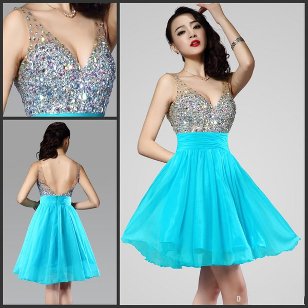 2017 Light Blue Sparkly Short graduation party Dresses with Rhinestone Beadings Sequins Chiffon Sexy Low Back Homecoming prom Party Gowns