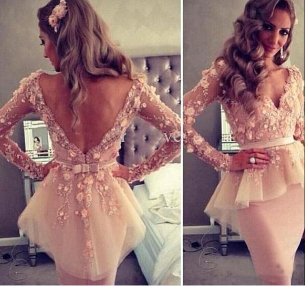 2016 Backless Long Sleeves Evening Gowns Tulle Mermaid Prom Dresses Short Cocktail Dresses With V Neckline Sash Appliques Graduation Dresses
