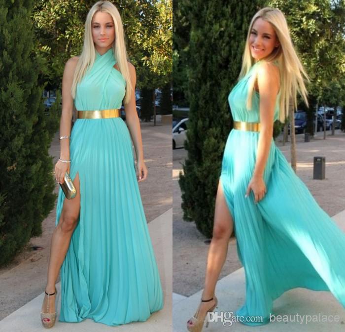 2014 Top Selling Evening Gown Halter Side Slit Pleats Chiffon Floor-Length Evening Formal Bridesmaid Prom Graduation Dresses with Gold Belt