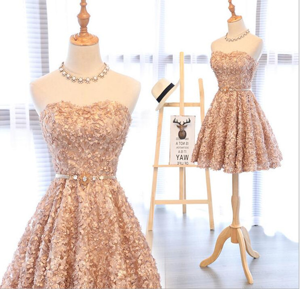 Promotional Strapless Sash Short Graduation Dresses Cheap Grey Champagne Strapless Lace Short Prom Dresses China Party Cocktail Gowns 2018