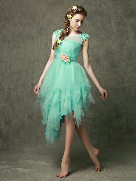2016 new green Graduation Dresses high graduation tie sleeve asymmetrical Prom Evening Dress Tiered Ruffled flowers beauty homecoming Dress