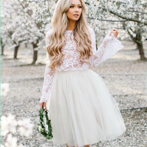 Romantic Lace Tulle Graduation Prom Dress With Long Sleeves See Through Designer Two Piece Knee Length Homecoming Cocktail Dress