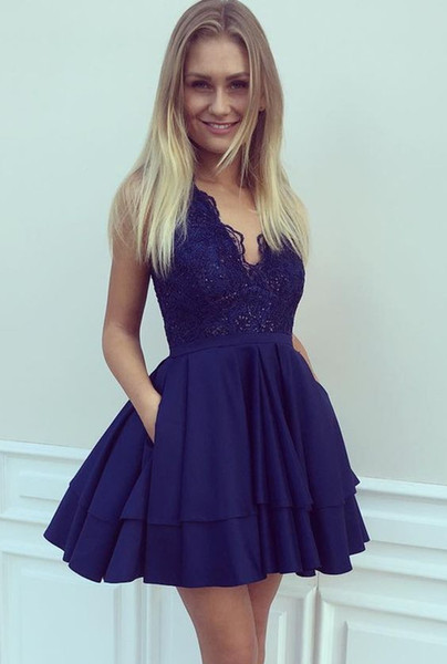 Sexy Navy Blue Graduation Prom Dress Cheap Short Designer V neck Applique Lace Sequin A line Ruched Homecoming Cocktail Dress Gowns