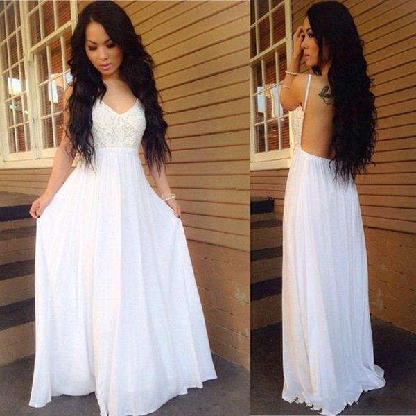 White Long Evening Dresses Prom Dresses Informal Party Gowns New Sexy Backless Chiffon Appliqued Graduation Dresses