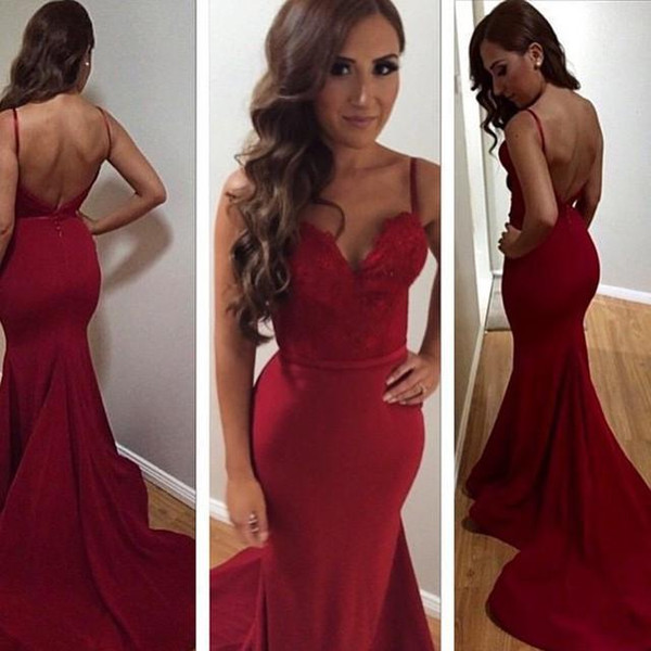 Sexy Backless Burgundy Prom Dresses Spaghetti Lace Mermaid Graduation Gowns robe de soiree longue vestido de festa longo 8th grade