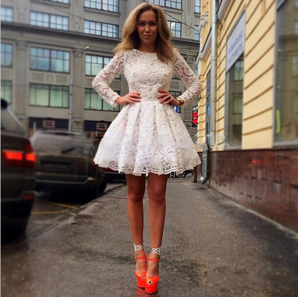 Short A Line Graduation Dresses Lace Long Sleeves Homecoming Dresses Jewel Neck Cocktail Arabic Prom Party Gowns Custom