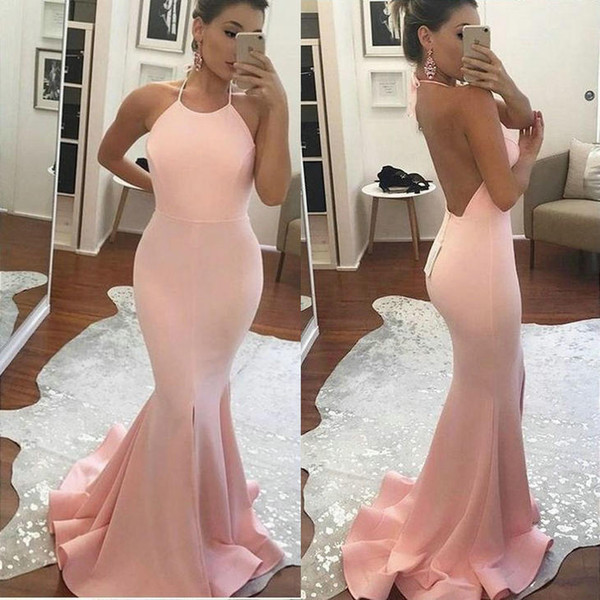 Custom size Graduation Dresses Backless Mermaid Halter Long Pink Prom Dresses Party Evening Gowns CK311