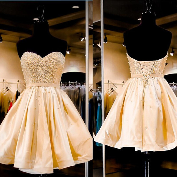 Champagne Graduation Dresses Pearls Sweetheart Neck Formal Homecoming Dresses Lace Up Back Mini Length Satin Short Girls Party Gowns